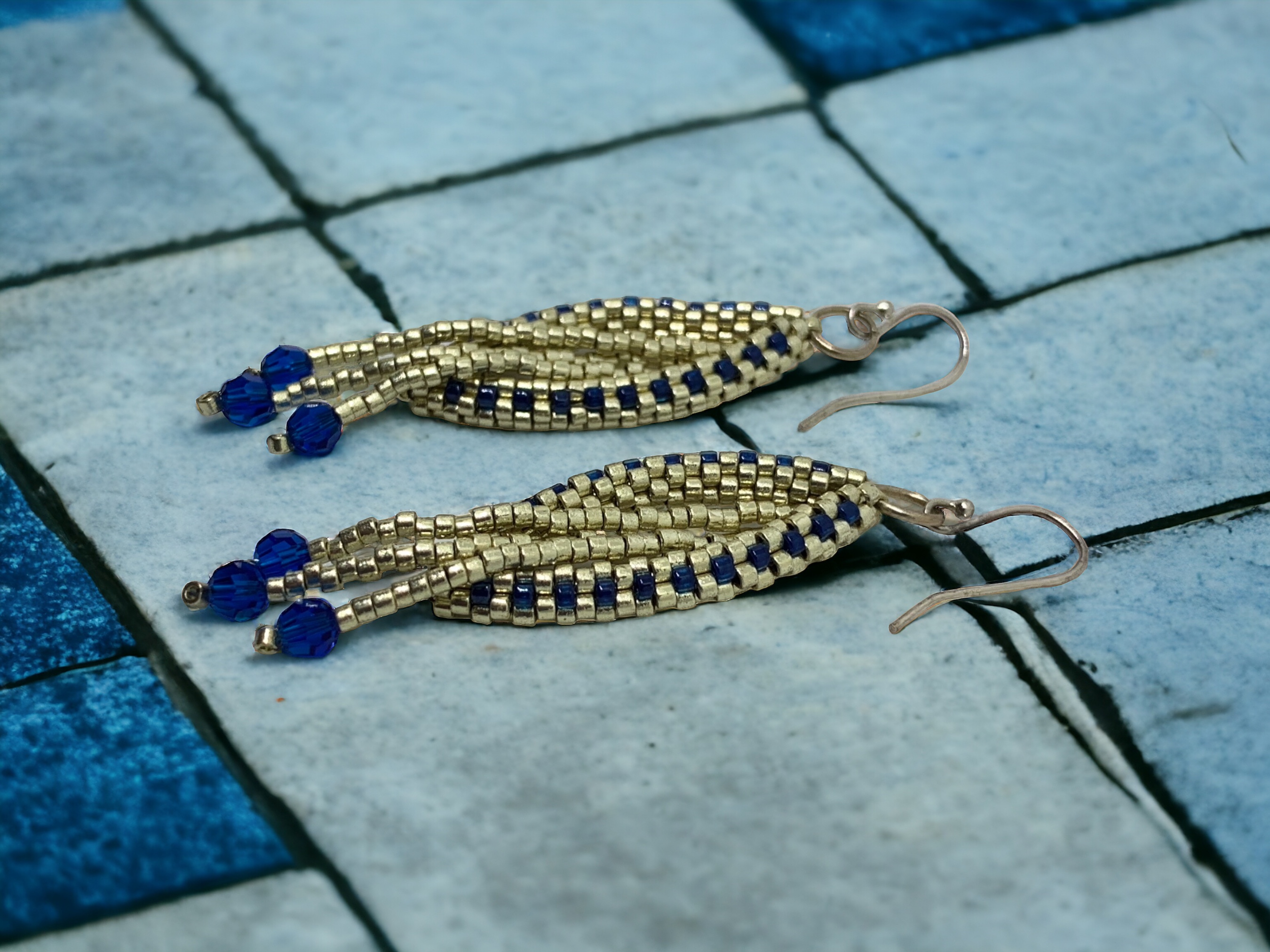 Elegant Blue & Silver Oval Fringe Earrings