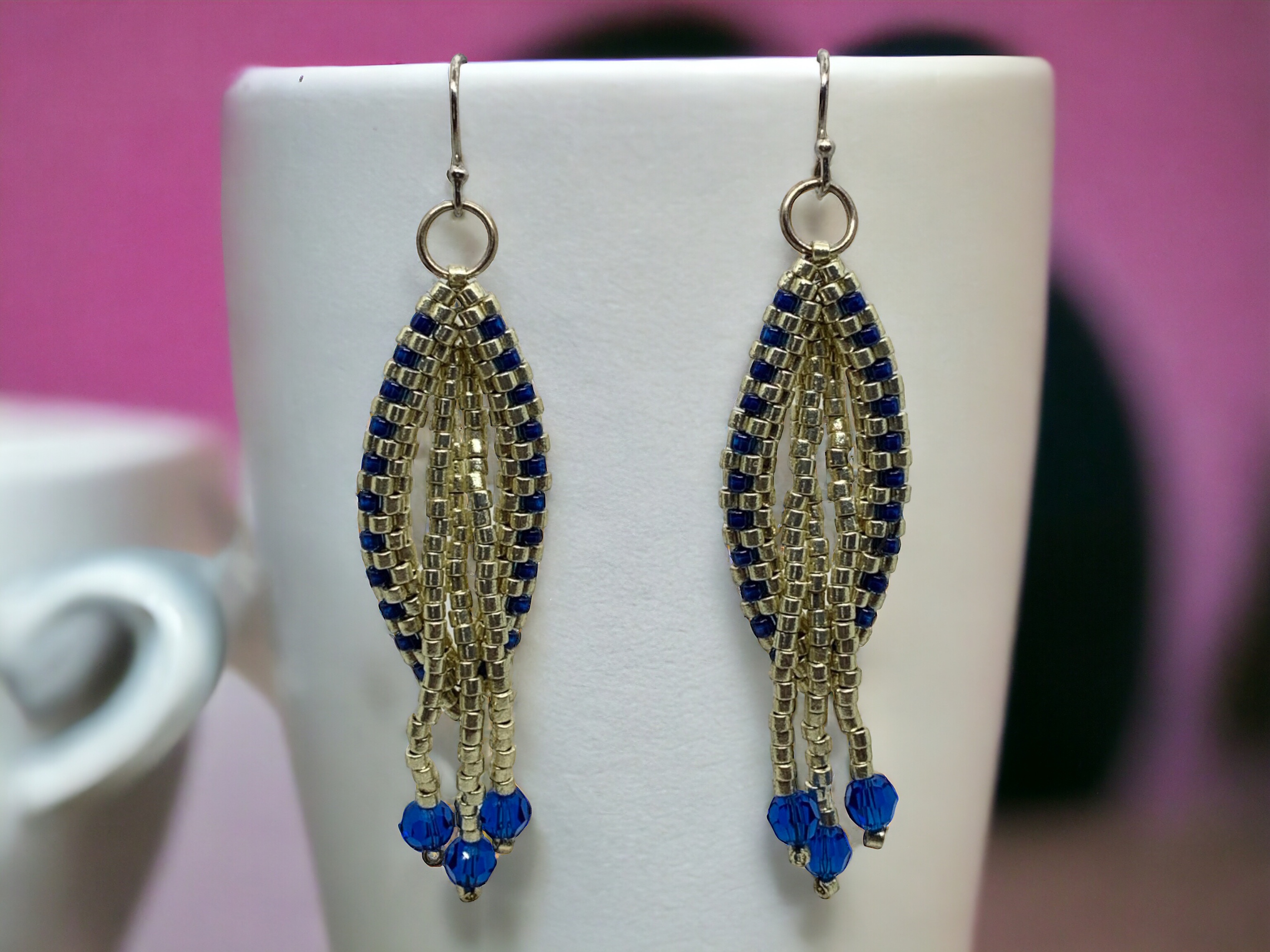 Elegant Blue & Silver Oval Fringe Earrings 